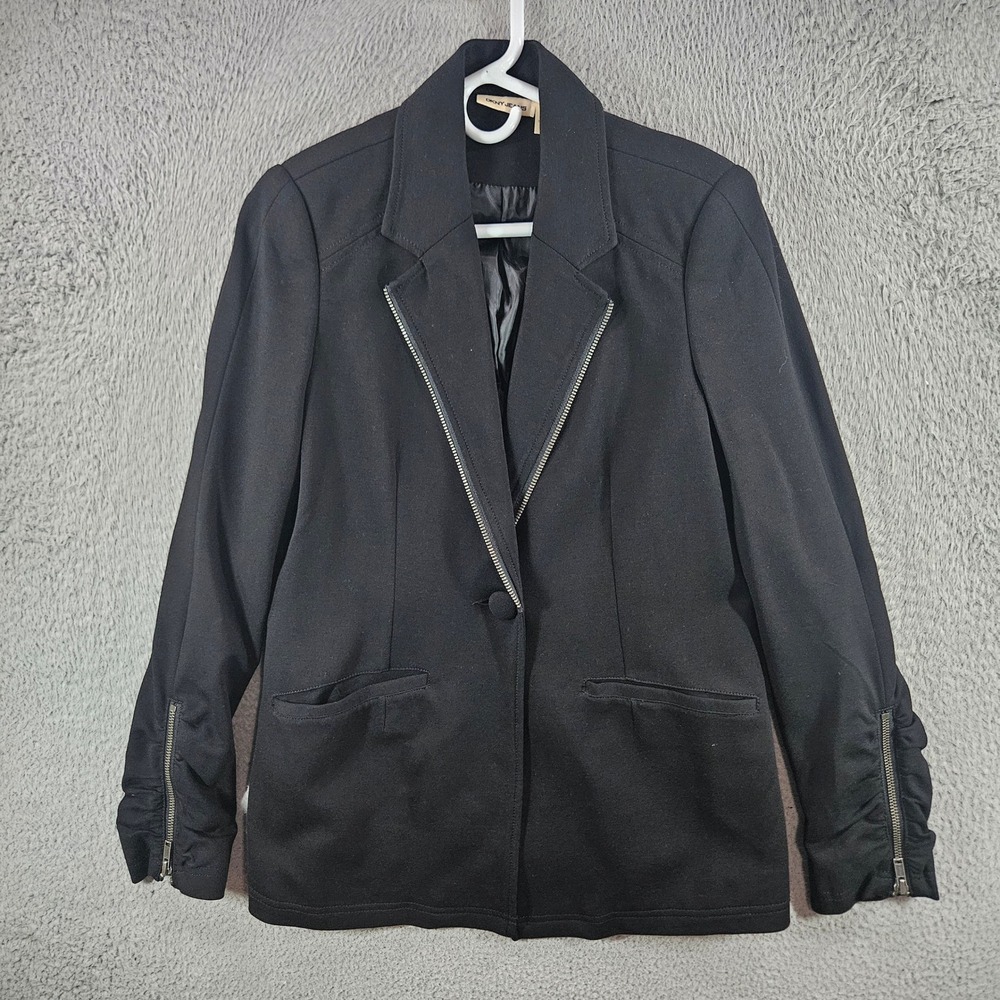 DKNY Jeans Womens Black Zipper Trim Ponte Knit Blazer Jacket Sz 12 Ruched Sleeve